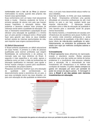 8
conformados com o fato de os filhos já estarem
matriculados na escola, quando eles próprios não
tiveram essa oportunidade.
Esse conformismo com um baixo nível educacional
tende a mudar. Estamos acabando de formar a
primeira geração de alunos com pais que tiveram
acesso majoritário à educação básica. Mas
podemos e devemos acelerar esse processo de
cobrança social sobre a qualidade da educação. Por
isso, é necessário conscientizar a população de que
oferecer uma educação de qualidade é o mínimo
que um país grande e desigual como o Brasil pode
fazer para garantir que todos os seus cidadãos
tenham acesso às mesmas oportunidades de vida,
sem importar suas origens socioeconômicas.
IV) Déficit Educacional
O Brasil enfrenta atualmente um déficit educacional
em duas frentes. A primeira é a falta de pessoas
qualificadas para exercer profissões que exigem
flexibilidades de conhecimento e de práticas no
mercado cada vez mais dinâmico do Brasil. A
segunda é mais específica e, em parte, agrava o
problema como um todo: a falta de profissionais da
educação qualificados no mercado, para ajudar a
formar nossas crianças e jovens para escolherem,
com liberdade, seu próprio destino.
Pesquisas econômicas mostram que uma educação
de qualidade está correlacionada ao
desenvolvimento social e econômico de um país, e
que essa correlação ocorre nas duas direções: um
país com educação de alta qualidade se desenvolve
mais, e um país mais desenvolvido educa melhor os
seus cidadãos.
Esse fato é ilustrado, no limite, por duas realidades
do Brasil. Empresários enfrentam uma grande
dificuldade em encontrar profissionais de alto nível
técnico no país e, por isso, acabam tendo que
importar mão-de-obra. E lideranças sociais
percebem como a falta de educação de qualidade é
uma barreira para a ascensão social de grupos
menos favorecidos.
Da mesma maneira, o investimento em escolas com
infraestrutura de excelência será pouco frutífero em
um cenário onde encontrar professores e, ainda
mais, professores de qualidade, é tão difícil, dada a
baixa oferta de mão-de-obra qualificada no setor.
Historicamente, os sindicatos de professores têm
lutado com vigor por melhores condições salarias e
de trabalho.
V) Investimento
O Brasil apresenta taxas altíssimas de reprovação,
evasão e abandono escolar. Muitas pessoas
acreditam que uma das razões por detrás de tantos
problemas é a insuficiência dos recursos voltados
para a educação. Há a necessidade de mais
investimento em infraestrutura e na melhora das
condições de trabalho. O gráfico abaixo compara os
gastos em educação por aluno por paridade do
poder de compra de alguns países. A mensagem é
clara: o Brasil é um dos países com menores
investimentos em educação.
Gráfico 1: Comparação dos gastos em educação por aluno por paridade do poder de compra em 2010 [7]
 