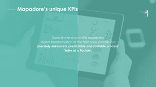 Mapadore’s unique KPIs
These first-time-ever KPIs enable the
Digital Transformation of the Field sales process in a
precisely-measured, predictable and scalable process:
Sales as a Factory.
 