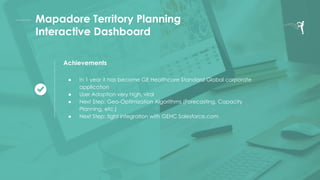Mapadore Territory Planning
Interactive Dashboard
Achievements
● In 1 year it has become GE Healthcare Standard Global corporate
application
● User Adoption very high, viral
● Next Step: Geo-Optimization Algorithms (Forecasting, Capacity
Planning, etc.)
● Next Step: tight integration with GEHC Salesforce.com
 