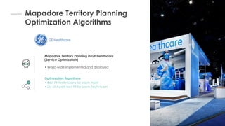 Mapadore Territory Planning
Optimization Algorithms
Mapadore Territory Planning in GE Healthcare
(Service Optimization)
• World-wide implemented and deployed
Optimization Algorithms
• Best Fit Technicians for each Asset
• List of Assets Best Fit for each Technician
 