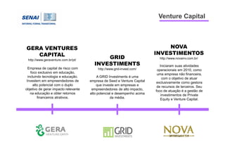 Venture Capital
Iniciaram suas atividades
operacionais em 2010, como
uma empresa não financeira,
com o objetivo de atuar
e...