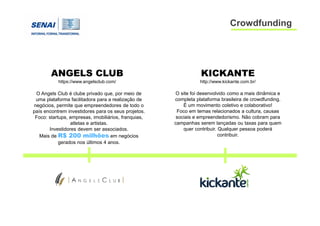 Crowdfunding
ANGELS CLUB
https://www.angelsclub.com/
O Angels Club é clube privado que, por meio de
uma plataforma facilit...
