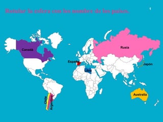 1
Rotular la esfera con los nombre de los países.
Argentina
Chile
Australia
Rusia
Canadá
Libia
España
Japón
 