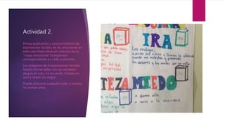 Actividad 2.
Previa explicación y reconocimiento las
expresiones faciales de las emociones en
este caso Pablo Manuel colocara en su
“mapa emocional” la expresión
correspondiente en cada cuadrante.
Las imágenes de la expresiones faciales
fueron enmarcadas con un rotulador:
alegría en rojo, ira en verde, tristeza en
azul y miedo en negro.
Puede utilizarse cualquier color o incluso
no enmarcarlas.
 