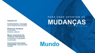 P A R A O N D E A P O N T A M A S
MUDANÇAS
Mundo
Indústria 4.0
Conhecimento e inovação
como motores da economia
Mudanças climáticas
e economia
de baixo carbono
Menor crescimento do
comércio internacional
e rearranjos na geografia
da produção
Crescimento dos países
emergentes, especialmente
na Ásia
 