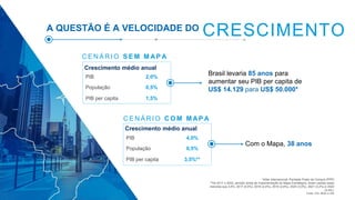 Fonte: CNI, IBGE e FMI
*dólar internacional, Paridade Poder de Compra (PPP)
**De 2017 a 2022, período ainda de implementação do Mapa Estratégico, foram usadas taxas
menores que 3,5%: 2017 (0,5%), 2018 (2,4%), 2019 (2,6%). 2020 (3,0%), 2021 (3,2%) e 2022
(3,4%).
Crescimento médio anual
C E N Á R I O S E M M AP A
PIB 4,0%
População 0,5%
PIB per capita 3,5%**
Crescimento médio anual
C E N Á R I O C O M M AP A
PIB 2,0%
População 0,5%
PIB per capita 1,5%
Brasil levaria 85 anos para
aumentar seu PIB per capita de
US$ 14.129 para US$ 50.000*
Com o Mapa, 38 anos
CRESCIMENTOA QUESTÃO É A VELOCIDADE DO
 