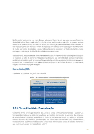 No Comércio, assim como nos mais diversos setores da Economia em que vivemos, questões como
Sustentabilidade e Responsabilidade Socioambiental, no sentido mais amplo, vêm recebendo atenção
crescente da sociedade. Impulsionada por ações de comunicação, tanto espontânea como patrocinada,
esta macrotendência tem alterado o cenário de negócios, convertendo-se em práticas para atender anseios
de muitos segmentos de cidadãos e consumidores, tais como: ecodesign, fair trade, slowfashion, reuso,
reciclagem, maximização da vida útil, alternatividades e muitas outras.
Nesse contexto, responsabilidade socioambiental tornou-se um importante fator de competitividade para
os negócios. O setor do Comércio não pode mais basear a sua competitividade apenas em preços e
produtos, é necessário investir tanto no aperfeiçoamento das relações com todos os públicos (empregados,
consumidores, colaboradores, fornecedores, entre outros) quanto em formas de reduzir, compensar ou
mitigar a sua chamada pegada ecológica.
Macro-objetivo 2020:
•	Melhorar a qualidade da gestão empresarial.
Quadro 3.18 – Temas e objetivos Conhecimento e Gestão Empresarial
TEMAS
PRIORITÁRIOS

OBJETIVOS ESTRATÉGICOS

Formalização

Fortalecer a produtividade do
setor

Gestão
Empresarial e
Produtividade

Aumentar a produtividade do
setor por meio da difusão de
melhores processos de gestão

Conhecimento e
Inovação

Aumentar a eficiência do
setor ao difundir a geração de
conhecimento e a inovação

3.7.1. Tema Prioritário: Formalização
Conforme afirma o Serviço Brasileiro de Apoio às Micro e Pequenas Empresas - Sebrae18, a
formalização implica uma série de benefícios ao negócio, dentre eles o aumento das chances
de se estabelecer parcerias, o recebimento de subsídios governamentais e o acesso a linhas de
crédito. No caso do Comércio, por exemplo, são destacados os estímulos para desenvolver o
mercado formal, a partir de medidas como a nota fiscal eletrônica e o cartão de crédito, elementos
que contribuem para a formalização do setor19.
101

 