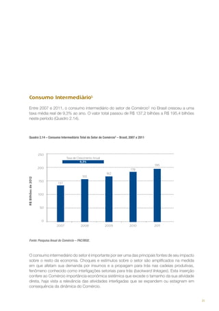 Consumo IntermediárioL
Entre 2007 e 2011, o consumo intermediário do setor de ComércioC no Brasil cresceu a uma
taxa média real de 9,3% ao ano. O valor total passou de R$ 137,2 bilhões a R$ 195,4 bilhões
neste período (Quadro 2.14).

Quadro 2.14 – Consumo Intermediário Total do Setor de ComércioC – Brasil, 2007 a 2011

Fonte: Pesquisa Anual do Comércio – PAC/IBGE.

O consumo intermediário do setor é importante por ser uma das principais fontes de seu impacto
sobre o resto da economia. Choques e estímulos sobre o setor são amplificados na medida
em que afetam sua demanda por insumos e a propagam para trás nas cadeias produtivas,
fenômeno conhecido como interligações setoriais para trás (backward linkages). Esta inserção
confere ao Comércio importância econômica sistêmica que excede o tamanho da sua atividade
direta, haja vista a relevância das atividades interligadas que se expandem ou estagnam em
consequência da dinâmica do Comércio.

31

 