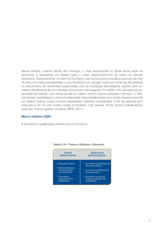 Nesse sentido, mesmo diante dos avanços, o nível educacional no Brasil ainda pode se
aprimorar, e representa um desafio para o maior desenvolvimento de todos os setores
produtivos. Especialmente, no setor de Comércio, que ainda possui uma alta proporção de mão
de obra com baixa escolaridade, o que resulta em um gargalo, tanto por conta de dificuldades
no atendimento de demandas ocasionadas com as inovações tecnológicas, quanto para um
melhor atendimento de um mercado consumidor mais exigente. Em 2009, 15% das pessoas em
atividade de trabalho com renda de até um salário mínimo sequer possuíam instrução, e 46%
não haviam completado o ensino fundamental. Para trabalhadores com renda mensal acima de
um salário mínimo, esses números apresentam melhoria considerável: 3,3% de pessoas sem
instrução e 24,1% com ensino médio incompleto, mas apenas 16,9% desses trabalhadores
possuem ensino superior completo (MTE, 2011).
Macro-objetivo 2020:
•	Aumentar a qualificação profissional no Comércio.

Tabela 3.10 – Temas e Objetivos - Educação
TEMAS
PRIORITÁRIOS

•	Educação básica
•	Desenvolvimento
da capacitação
do empresário
•	Formação e
capacitação do
trabalhador

OBJETIVOS
ESTRATÉGICOS

•	Aumentar a qualidade da
educação básica
•	Aumentar a qualificação
do empresário
•	Aumentar o grau de
profissionalização do
trabalhador

57

 