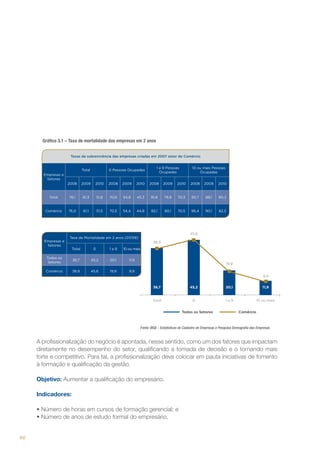 Gráfico 3.1 – Taxa de mortalidade das empresas em 2 anos
Taxas de sobrevivência das empresas criadas em 2007 setor de Comércio

Total

0 Pessoas Ocupadas

Empresas e
Setores

1 a 9 Pessoas
Ocupadas

10 ou mais Pessoas
Ocupadas

2008

2009

2010

2008

2009

2010

2008

2009

2010

2008

2009

2010

Total

76,1

61,3

51,8

70,6

54,8

45,3

91,8

79,9

70,3

95,7

88,1

80,2

Comércio

76,0

61,1

51,5

70,5

54,4

44,8

92,1

80,1

70,5

96,4

90,1

82,3

Empresas e
Setores

Taxa de Mortalidade em 2 anos (07/09)
Total

0

1a9

10 ou mais

Todos os
Setores

38,7

45,2

20,1

11,9

Comércio

38,9

45,6

19,9

9,9

Fonte: IBGE - Estatísticas do Cadastro de Empresas e Pesquisa Demografia das Empresas

A profissionalização do negócio é apontada, nesse sentido, como um dos fatores que impactam
diretamente no desempenho do setor, qualificando a tomada de decisão e o tornando mais
forte e competitivo. Para tal, a profissionalização deve colocar em pauta iniciativas de fomento
à formação e qualificação da gestão.
Objetivo: Aumentar a qualificação do empresário.
Indicadores:
•	Número de horas em cursos de formação gerencial; e
•	Número de anos de estudo formal do empresário.

60

 