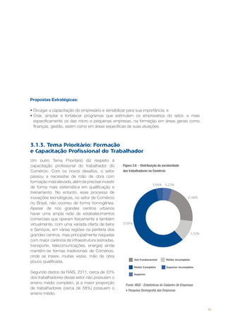 Propostas Estratégicas:
•	Divulgar a capacitação do empresário e sensibilizar para sua importância; e
•	Criar, ampliar e fortalecer programas que estimulem os empresários do setor, e mais
especificamente os das micro e pequenas empresas, na formação em áreas gerais como
finanças, gestão, assim como em áreas específicas de suas atuações.

3.1.3. Tema Prioritário: Formação
e Capacitação Profissional do Trabalhador
Um outro Tema Prioritário diz respeito à
capacitação profissional do trabalhador do
Comércio. Com os novos desafios, o setor
passou a necessitar de mão de obra com
formação mais elevada, além de precisar investir
de forma mais sistemática em qualificação e
treinamento. No entanto, esse processo de
inovações tecnológicas, no setor de Comércio
no Brasil, não ocorreu de forma homogênea.
Apesar de nos grandes centros urbanos
haver uma ampla rede de estabelecimentos
comerciais que operam fisicamente e também
virtualmente, com uma variada oferta de bens
e Serviços, em várias regiões na periferia dos
grandes centros, mas principalmente naquelas
com maior carência de infraestrutura (estradas,
transporte, telecomunicações, energia) ainda
mantêm-se formas tradicionais de Comércio,
onde se insere, muitas vezes, mão de obra
pouco qualificada.
Segundo dados da RAIS, 2011, cerca de 33%
dos trabalhadores desse setor não possuíam o
ensino médio completo, já a maior proporção
de trabalhadores (cerca de 58%) possuem o
ensino médio.

Figura 3.6 - Distribuição da escolaridade
dos trabalhadores no Comércio

Fonte: IBGE - Estatísticas do Cadastro de Empresas
e Pesquisa Demografia das Empresas

61

 