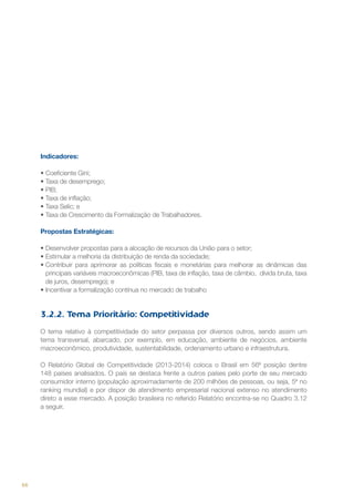 Indicadores:
•	Coeficiente Gini;
•	Taxa de desemprego;
•	PIB;
•	Taxa de inflação;
•	Taxa Selic; e
•	Taxa de Crescimento da Formalização de Trabalhadores.
Propostas Estratégicas:
•	Desenvolver propostas para a alocação de recursos da União para o setor;
•	Estimular a melhoria da distribuição de renda da sociedade;
•	Contribuir para aprimorar as políticas fiscais e monetárias para melhorar as dinâmicas das
principais variáveis macroeconômicas (PIB, taxa de inflação, taxa de câmbio, dívida bruta, taxa
de juros, desemprego); e
•	Incentivar a formalização contínua no mercado de trabalho

3.2.2. Tema Prioritário: Competitividade
O tema relativo à competitividade do setor perpassa por diversos outros, sendo assim um
tema transversal, abarcado, por exemplo, em educação, ambiente de negócios, ambiente
macroeconômico, produtividade, sustentabilidade, ordenamento urbano e infraestrutura.
O Relatório Global de Competitividade (2013-2014) coloca o Brasil em 56ª posição dentre
148 países analisados. O país se destaca frente a outros países pelo porte de seu mercado
consumidor interno (população aproximadamente de 200 milhões de pessoas, ou seja, 5ª no
ranking mundial) e por dispor de atendimento empresarial nacional extenso no atendimento
direto a esse mercado. A posição brasileira no referido Relatório encontra-se no Quadro 3.12
a seguir.

66

 