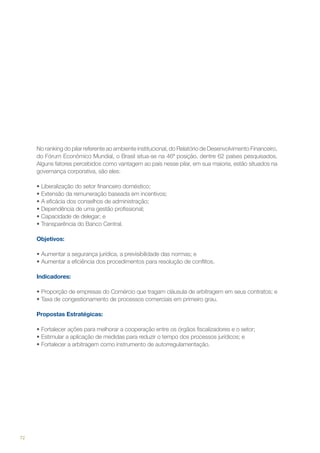 No ranking do pilar referente ao ambiente institucional, do Relatório de Desenvolvimento Financeiro,
do Fórum Econômico Mundial, o Brasil situa-se na 46ª posição, dentre 62 países pesquisados.
Alguns fatores percebidos como vantagem ao país nesse pilar, em sua maioria, estão situados na
governança corporativa, são eles:
•	Liberalização do setor financeiro doméstico;
•	Extensão da remuneração baseada em incentivos;
•	A eficácia dos conselhos de administração;
•	Dependência de uma gestão profissional;
•	Capacidade de delegar; e
•	Transparência do Banco Central.
Objetivos:
•	Aumentar a segurança jurídica, a previsibilidade das normas; e
•	Aumentar a eficiência dos procedimentos para resolução de conflitos.
Indicadores:
•	Proporção de empresas do Comércio que tragam cláusula de arbitragem em seus contratos; e
•	Taxa de congestionamento de processos comerciais em primeiro grau.
Propostas Estratégicas:
•	Fortalecer ações para melhorar a cooperação entre os órgãos fiscalizadores e o setor;
•	Estimular a aplicação de medidas para reduzir o tempo dos processos jurídicos; e
•	Fortalecer a arbitragem como instrumento de autorregulamentação.

72

 