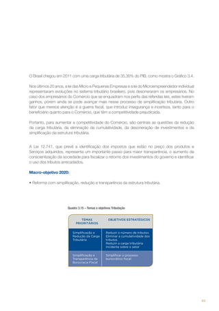 O Brasil chegou em 2011 com uma carga tributária de 35,30% do PIB, como mostra o Gráfico 3.4.
Nos últimos 20 anos, a lei das Micro e Pequenas Empresas e a lei do Microempreendedor individual
representaram evoluções no sistema tributário brasileiro, pois desoneraram os empresários. No
caso dos empresários do Comércio que se enquadram nos perfis das referidas leis, estes tiveram
ganhos, porém ainda se pode avançar mais nesse processo de simplificação tributária. Outro
fator que merece atenção é a guerra fiscal, que introduz insegurança e incerteza, tanto para o
beneficiário quanto para o Comércio, que têm a competitividade prejudicada.
Portanto, para aumentar a competitividade do Comércio, são centrais as questões da redução
da carga tributária, da eliminação da cumulatividade, da desoneração de investimentos e da
simplificação da estrutura tributária.
A Lei 12.741, que prevê a identificação dos impostos que estão no preço dos produtos e
Serviços adquiridos, representa um importante passo para maior transparência, o aumento da
conscientização da sociedade para fiscalizar o retorno dos investimentos do governo e identificar
o uso dos tributos arrecadados.
Macro-objetivo 2020:
•	Reforma com simplificação, redução e transparência da estrutura tributária.

Quadro 3.15 – Temas e objetivos Tributação
TEMAS
PRIORITÁRIOS

OBJETIVOS ESTRATÉGICOS

Simplificação e
Redução da Carga
Tributária

Reduzir o número de tributos
Eliminar a cumulatividade dos
tributos
Reduzir a carga tributária
incidente sobre o setor

Simplificação e
Transparência da
Burocracia Fiscal

Simplificar o processo
burocrático fiscal

83

 
