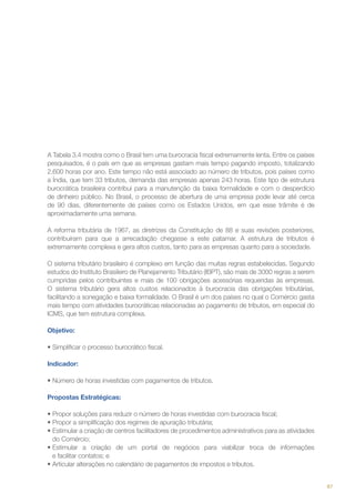A Tabela 3.4 mostra como o Brasil tem uma burocracia fiscal extremamente lenta. Entre os países
pesquisados, é o país em que as empresas gastam mais tempo pagando imposto, totalizando
2.600 horas por ano. Este tempo não está associado ao número de tributos, pois países como
a Índia, que tem 33 tributos, demanda das empresas apenas 243 horas. Este tipo de estrutura
burocrática brasileira contribui para a manutenção da baixa formalidade e com o desperdício
de dinheiro público. No Brasil, o processo de abertura de uma empresa pode levar até cerca
de 90 dias, diferentemente de países como os Estados Unidos, em que esse trâmite é de
aproximadamente uma semana.
A reforma tributária de 1967, as diretrizes da Constituição de 88 e suas revisões posteriores,
contribuíram para que a arrecadação chegasse a este patamar. A estrutura de tributos é
extremamente complexa e gera altos custos, tanto para as empresas quanto para a sociedade.
O sistema tributário brasileiro é complexo em função das muitas regras estabelecidas. Segundo
estudos do Instituto Brasileiro de Planejamento Tributário (IBPT), são mais de 3000 regras a serem
cumpridas pelos contribuintes e mais de 100 obrigações acessórias requeridas às empresas.
O sistema tributário gera altos custos relacionados à burocracia das obrigações tributárias,
facilitando a sonegação e baixa formalidade. O Brasil é um dos países no qual o Comércio gasta
mais tempo com atividades burocráticas relacionadas ao pagamento de tributos, em especial do
ICMS, que tem estrutura complexa.
Objetivo:
•	Simplificar o processo burocrático fiscal.
Indicador:
•	Número de horas investidas com pagamentos de tributos.
Propostas Estratégicas:
•	Propor soluções para reduzir o número de horas investidas com burocracia fiscal;
•	Propor a simplificação dos regimes de apuração tributária;
•	Estimular a criação de centros facilitadores de procedimentos administrativos para as atividades
do Comércio;
•	Estimular a criação de um portal de negócios para viabilizar troca de informações
e facilitar contatos; e
•	Articular alterações no calendário de pagamentos de impostos e tributos.
87

 