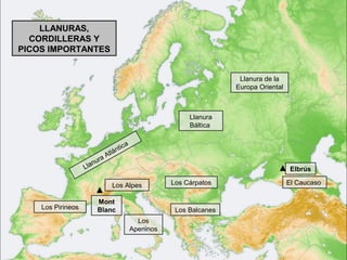 LLANURAS,
  CORDILLERAS Y
PICOS IMPORTANTES


                                                                               Llanura de la
                                                                              Europa Oriental



                                                                   Llanura
                                                                   Báltica

                                               a
                                         tic
                                    án
                                 Atl
                       n   ura
                   Lla                                                                           Elbrús

                                   Los Alpes                  Los Cárpatos                      El Caucaso

                           Mont
    Los Pirineos           Blanc                               Los Balcanes
                                                     Los
                                                   Apeninos
 