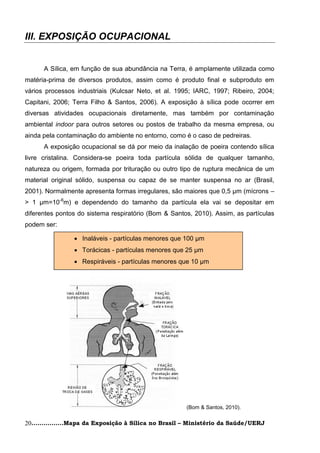 III. EXPOSIÇÃO OCUPACIONAL


      A Sílica, em função de sua abundância na Terra, é amplamente utilizada como
matéria-prima de diversos produtos, assim como é produto final e subproduto em
vários processos industriais (Kulcsar Neto, et al. 1995; IARC, 1997; Ribeiro, 2004;
Capitani, 2006; Terra Filho & Santos, 2006). A exposição à sílica pode ocorrer em
diversas atividades ocupacionais diretamente, mas também por contaminação
ambiental indoor para outros setores ou postos de trabalho da mesma empresa, ou
ainda pela contaminação do ambiente no entorno, como é o caso de pedreiras.
      A exposição ocupacional se dá por meio da inalação de poeira contendo sílica
livre cristalina. Considera-se poeira toda partícula sólida de qualquer tamanho,
natureza ou origem, formada por trituração ou outro tipo de ruptura mecânica de um
material original sólido, suspensa ou capaz de se manter suspensa no ar (Brasil,
2001). Normalmente apresenta formas irregulares, são maiores que 0,5 μm (mícrons –
> 1 μm=10-6m) e dependendo do tamanho da partícula ela vai se depositar em
diferentes pontos do sistema respiratório (Bom & Santos, 2010). Assim, as partículas
podem ser:

                 Inaláveis - partículas menores que 100 μm
                 Torácicas - partículas menores que 25 μm
                 Respiráveis - partículas menores que 10 μm




                                                      (Bom & Santos, 2010).


20................Mapa da Exposição à Sílica no Brasil – Ministério da Saúde/UERJ
 