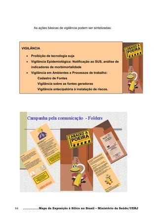 As ações básicas de vigilância podem ser sintetizadas:




     VIGILÂNCIA

          Proibição de tecnologia suja
          Vigilância Epidemiológica: Notificação ao SUS, análise de
           indicadores de morbimortalidade
          Vigilância em Ambientes e Processos de trabalho:
               Cadastro de Fontes
               Vigilância sobre as fontes geradoras
               Vigilância antecipatória à instalação de riscos.




84   ................Mapa da Exposição à Sílica no Brasil – Ministério da Saúde/UERJ
 