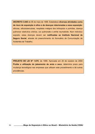DECRETO 3.048 de 06 de maio de 1999. Estabelece diversas atividades como
     de risco de exposição à sílica e de doenças relacionadas a essa exposição:
     silicose, silicotuberculose, neoplasia maligna dos brônquios e pulmões, doença
     pulmonar obstrutiva crônica, cor pulmonale e artrite reumatóide. Num indivíduo
     exposto, estas doenças devem ser notificadas ao Instituto Nacional de
     Seguro Social, através do preenchimento do formulário de Comunicação de
     Acidentes de Trabalho.




     PROJETO DE LEI Nº 1.670, de 1999. Aprovada em 20 de outubro de 2004
     Proíbe a utilização do jateamento de areia a seco, determina prazo para
     mudança tecnológica nas empresas que utilizam este procedimento e dá outras
     providências.




86   ................Mapa da Exposição à Sílica no Brasil – Ministério da Saúde/UERJ
 