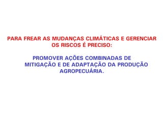 PARA FREAR AS MUDANÇAS CLIMÁTICAS E GERENCIAR
OS RISCOS É PRECISO:
PROMOVER AÇÕES COMBINADAS DE
MITIGAÇÃO E DE ADAPTAÇÃO DA PRODUÇÃO
AGROPECUÁRIA.
 