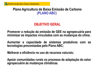 Plano Agricultura de Baixa Emissão de Carbono
(PLANO ABC)
OBJETIVO GERAL
Promover a redução da emissão de GEE na agropecuária para
minimizar os impactos vinculados com as mudanças do clima;
Aumentar a capacidade de sistemas produtivos com as
tecnologias preconizadas pelo Plano ABC;
Melhorar a eficiência no uso de recursos naturais;
Apoiar comunidades rurais no processo de adaptação do setor
agropecuário às mudanças climáticas.
 