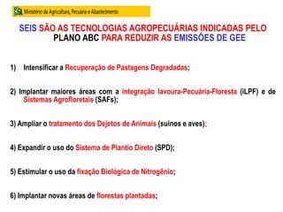 SEIS SÃO AS TECNOLOGIAS AGROPECUÁRIAS INDICADAS PELO
PLANO ABC PARA REDUZIR AS EMISSÕES DE GEE
1) Intensificar a Recuperação de Pastagens Degradadas;
2) Implantar maiores áreas com a integração lavoura-Pecuária-Floresta (iLPF) e de
Sistemas Agrofloretais (SAFs);
3) Ampliar o tratamento dos Dejetos de Animais (suinos e aves);
4) Expandir o uso do Sistema de Plantio Direto (SPD);
5) Estimular o uso da fixação Biológica de Nitrogênio;
6) Implantar novas áreas de florestas plantadas;
 