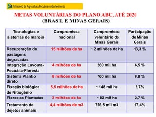 METAS VOLUNTÁRIAS DO PLANO ABC, ATÉ 2020
(BRASIL E MINAS GERAIS)
Tecnologias e
sistemas de manejo
Compromisso
nacional
Compromisso
voluntário de
Minas Gerais
Participação
de Minas
Gerais
Recuperação de
pastagens
degradadas
15 milhões de ha ~ 2 milhões de ha 13,3 %
Integração Lavoura-
Pecuária-Floresta
4 milhões de ha 260 mil ha 6,5 %
Sistema Plantio
direto
8 milhões de ha 700 mil ha 8,8 %
Fixação biológica
de Nitrogênio
5,5 milhões de ha ~ 148 mil ha 2,7%
Florestas Plantadas 3 milhões de ha ~ 82 mil ha 2,7 %
Tratamento de
dejetos animais
4,4 milhões de m3 766,5 mil m3 17,4%
 