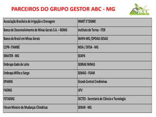 PARCEIROS DO GRUPO GESTOR ABC - MG
AssociaçãoBrasileiradeIrrigaçãoeDrenagem INMET5°DISME
BancodeDesenvolvimentodeMinasGeraisS.A.–BDMG InstitutodeTerras-ITER
BancodoBrasilemMinasGerais MAPA-MG/DPDAG-SESAG
CCPR-ITAMBÉ MDA/DFDA-MG
EMATER-MG SEAPA
EmbrapaGadodeLeite SEBRAEMINAS
EmbrapaMilhoeSorgo SEMAD-FEAM
EPAMIG SicoobCentralCrediminas
FAEMG UFV
FETAEMG SECTES-SecretariadeCiênciaeTecnologia
FórumMineirodeMudançasClimáticas SENAR-MG
 