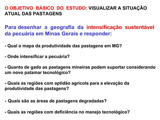 O OBJETIVO BÁSICO DO ESTUDO: VISUALIZAR A SITUAÇÃO
ATUAL DAS PASTAGENS
Para desenhar a geografia da intensificação sustentável
da pecuária em Minas Gerais e responder:
- Qual o mapa da produtividade das pastagens em MG?
- Onde intensificar a pecuária?
- Quanto de gado as pastagens mineiras podem suportar considerando
um novo patamar tecnológico?
- Quais as regiões com aptidão agrícola para a elevação da
produtividade das pastagens?
- Quais são as áreas de pastagens degradadas?
- Quais as regiões com deficiência no manejo tecnológico?
 