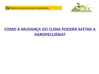 COMO A MUDANÇA DO CLIMA PODERÁ AFETAR A
AGROPECUÁRIA?
 