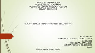 UNIVERSIDAD FERMIN TORO
VICERRECTORADO ACADEMICO
FACULTAD DE CIENCIAS JURIDICAS Y POLITICAS
ESCUELA DE DERECHO
MAPA CONCEPTUAL SOBRE LOS METODOS DE LA FILOSOFIA
INTERGRANTES
FRANKLIN ALEJANDRO MARTÍNEZ COLINA
CI. 18527681
PROF. ELEANA SANTANDER
CATEDRA: FILOSOFIA DEL DERECHO
SAIA C
BARQUISIMETO AGOSTO 2014
 