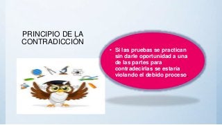 • Si las pruebas se practican
sin darle oportunidad a una
de las partes para
contradecirlas se estaría
violando el debido proceso.
PRINCIPIO DE LA
CONTRADICCIÓN
 