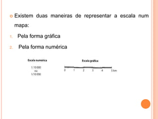  Existem duas maneiras de representar a escala num
mapa:
1. Pela forma gráfica
2. Pela forma numérica
