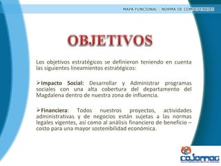 Los objetivos estratégicos se definieron teniendo en cuenta 
las siguientes lineamientos estratégicos: 
Impacto Social: D...