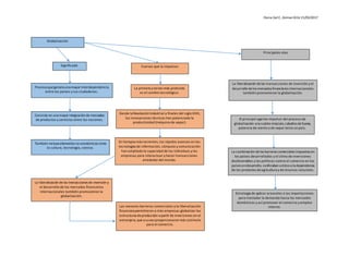 Elena DelC. Gómez Ortíz 15/03/2017
Principales olas
Globalización
También incluyeelementos no económicos como
la cultura, tecnología, ciencia.
Consiste en una mayor integraciónde mercados
de productos y servicios entre las naciones.
Procesoquegenera una mayor interdependencia
entre los países y sus ciudadanos.
Significado
Desde la RevoluciónIndustrial a finales del siglo XVIII,
las innovaciones técnicas han potenciado la
productividad (máquina de vapor).
La primera y talvez más profunda
es el cambio tecnológico.
Fuerzas que la impulsan
La liberalización delas transacciones de inversión y el
desarrollo delos mercados financieros internacionales
también promovieron la globalización.
En tiempos más recientes, los rápidos avances en las
tecnologías de información, cómputo y comunicación
han ampliado la capacidad de los individuos y las
empresas para interactuar y hacer transacciones
alrededor del mundo.
Las menores barreras comerciales y la liberalización
financiera permitieron a más empresas globalizar las
estructuras deproducción a partir de inversiones en el
extranjero, que a suvez proporcionaron más estímulo
para el comercio.
La liberalización delas transacciones de inversión y
el desarrollo de los mercados financieros
internacionales también promovieron la
globalización.
La combinación delas barreras comerciales impuestas en
los países desarrollados y el clima de inversiones
desfavorables y las políticas contra el comercio en los
países endesarrollo, confinaban a éstos a la dependencia
de los productos deagricultura y derecursos naturales.
Estrategia de aplicar aranceles a las importaciones
para trasladar la demanda hacia los mercados
domésticos y así promover el comercio y empleo
interno.
El principal agente impulsor del proceso de
globalización era cuánto músculo,caballos defuerza,
potencia de viento o de vapor tenía un país.
 