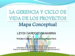 LEYDI CARDOZO SANABRIA
Profesor-Consultor: JorgeEnriqueReyesFerré 
UNIVERSIDAD DE SANTANDER
MAESTRIA EN GESTION DE LA TECNOLOGIA EDUCATIVA
MODULO: GERENCIA DE PROYECTOSDE TECNOLOGIA EDUCATIVA
Bogotá- Abril de2016
 