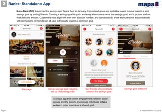 Page 4 © Mapa Research July 2015
Ikano Bank (SE): Launched the savings app ’Spara ihop’ in January. It is a stand alone app and allow users to save towards a joint
savings goal by inviting friends. Creating a savings goal is quick and easy where users name the savings goal, add a picture, and set
final date and amount. Customers must login with their own account number, and can choose to share their personal account details
with connections or friends can all save individually towards a common goal.
2
Startpage Set up savings goal including
set up of standing order
See friends who contribute
towards the savings goal
Savings goal achieved
A unique app that fosters engagement between social
groups and the bank to encourage individuals to take
action in order to achieve a shared goal.
Banks: Standalone App
 