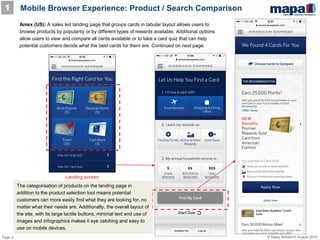 Page 5 © Mapa Research August 2015
Amex (US): A sales led landing page that groups cards in tabular layout allows users to
browse products by popularity or by different types of rewards available. Additional options
allow users to view and compare all cards available or to take a card quiz that can help
potential customers decide what the best cards for them are. Continued on next page.
1
Landing screen
The categorisation of products on the landing page in
addition to the product selection tool means potential
customers can more easily find what they are looking for, no
matter what their needs are. Additionally, the overall layout of
the site, with its large tactile buttons, minimal text and use of
images and infographics makes it eye catching and easy to
use on mobile devices.
Mobile Browser Experience: Product / Search Comparison
 