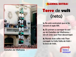 GAMMA EXTRA!

                           Torre de vuit
                              (neta)
                           1. No està contrastat que es fes
                           durant el segle XIX.
                           2. Els primers a carregar-lo van
                           ser els Castellers de Vilafranca, i
                           són els únics que l’han descarregat
                           3. Només dues colles més l’han
                           carregat: la Colla Vella de Valls i
                           la Jove de Valls.

Castellers de Vilafranca                           Torna a
                                                   començar!
 