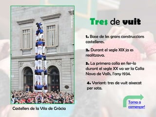 Tres de vuit
                                  1. Base de les grans construccions
                                  castelleres.
                                  2. Durant el segle XIX ja es
                                  realitzava.
                                  3. La primera colla en fer-lo
                                  durant el segle XX va ser la Colla
                                  Nova de Valls, l’any 1934.

                                  4. Variant: tres de vuit aixecat
                                  per sota.


                                                           Torna a
Castellers de la Vila de Gràcia                            començar!
 