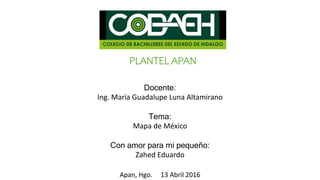 Docente:
Ing. María Guadalupe Luna Altamirano
Tema:
Mapa de México
Con amor para mi pequeño:
Zahed Eduardo
Apan, Hgo. 13 Abril 2016
PLANTEL APAN
 