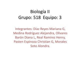 Biología II 
Grupo: 518 Equipo: 3 
Integrantes: Díaz Reyes Mariana G, 
Medina Rodríguez Alejandra, Olivares 
Barón Diana L, Real Ramírez Henry, 
Pasten Espinoza Christian G, Morales 
Soto Alondra. 
 