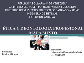 REPUBLICA BOLIVARIANA DE VENEZUELA
MINISTERIO DEL PODER POPULAR PARA LA EDUCACIÓN
INSTITUTO UNIVERSITARIO POLITECNICO SANTIAGO MARIÑO
INGENIERIA DE SISTEMAS
EXTENSION MARACAY
Estudiante:
Luis Antonio Cabanerio Landaeta
C.I. 26.336.324
Profesora:
Patricia Márquez
 