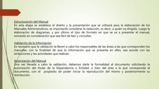 Estructuración del Manual
En esta etapa se establece el diseño y la presentación que se utilizará para la elaboración de los
Manuales Administrativos, es importante considerar la redacción, es decir, a quién va dirigido. Luego la
elaboración de diagramas, y por último el tipo de formato en que se va a presentar el manual,
tomando en consideración que sea fácil de leer y consultar.
Validación de la Información
Es necesario que la validación la lleven a cabo los responsables de las áreas a las que corresponden los
manuales, con la finalidad de que la información que se presenta en ellos, sea acorde con las
atribuciones y las actividades que realizan.
Autorización del Manual
Una vez llevada a cabo la validación, debemos darle la formalidad al documento solicitando la
autorización del titular de la Dependencia o Entidad, o bien del área a la que corresponda el
documento, con el propósito de poder iniciar la reproducción del mismo y posteriormente su
distribución.
 