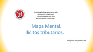 Republica boliviana de Venezuela
Directorado académico
Universidad Fermín toro
Barquisimeto- estado- Lara
Integrante: Alejandra Luna
Mapa Mental.
Ilícitos tributarios.
 