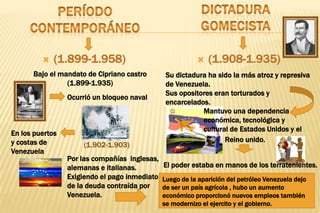    (1.899-1.958)                                   (1.908-1.935)
      Bajo el mandato de Cipriano castro        Su dictadura ha sido la más atroz y represiva
                (1.899-1.935)                   de Venezuela.
                                                Sus opositores eran torturados y
                 Ocurrió un bloqueo naval
                                                encarcelados.
                                                           Mantuvo una dependencia
                                                           económica, tecnológica y
                                                           cultural de Estados Unidos y el
En los puertos
y costas de                                                       Reino unido.
                     (1.902-1.903)
Venezuela
                 Por las compañías inglesas,
                 alemanas e italianas.         El poder estaba en manos de los terratenientes.
                 Exigiendo el pago inmediato   Luego de la aparición del petróleo Venezuela dejo
                 de la deuda contraída por     de ser un país agrícola , hubo un aumento
                 Venezuela.                    económico proporcionó nuevos empleos también
                                               se modernizo el ejercito y el gobierno.
 