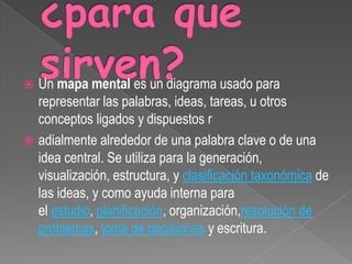  Un mapa mental es un diagrama usado para
  representar las palabras, ideas, tareas, u otros
  conceptos ligados y dispuestos r
 adialmente alrededor de una palabra clave o de una
  idea central. Se utiliza para la generación,
  visualización, estructura, y clasificación taxonómica de
  las ideas, y como ayuda interna para
  el estudio, planificación, organización,resolución de
  problemas, toma de decisiones y escritura.
 