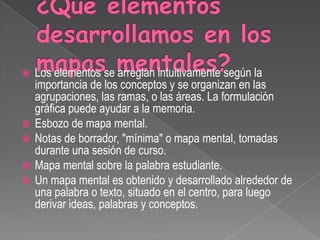    Los elementos se arreglan intuitivamente según la
    importancia de los conceptos y se organizan en las
    agrupaciones, las ramas, o las áreas. La formulación
    gráfica puede ayudar a la memoria.
   Esbozo de mapa mental.
   Notas de borrador, "mínima" o mapa mental, tomadas
    durante una sesión de curso.
   Mapa mental sobre la palabra estudiante.
   Un mapa mental es obtenido y desarrollado alrededor de
    una palabra o texto, situado en el centro, para luego
    derivar ideas, palabras y conceptos.
 