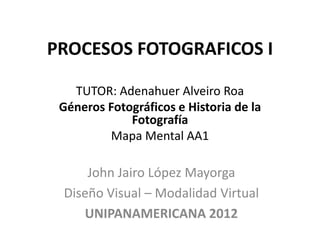 PROCESOS FOTOGRAFICOS I

   TUTOR: Adenahuer Alveiro Roa
 Géneros Fotográficos e Historia de la
             Fotografía
         Mapa Mental AA1

     John Jairo López Mayorga
 Diseño Visual – Modalidad Virtual
    UNIPANAMERICANA 2012
 