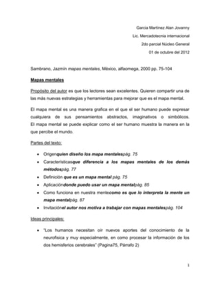 Garcia Martínez Alan Jovanny

                                                        Lic. Mercadotecnia internacional

                                                            2do parcial Núcleo General

                                                                 01 de octubre del 2012



Sambrano, Jazmín mapas mentales, México, alfaomega, 2000 pp. 75-104

Mapas mentales

Propósito del autor es que los lectores sean excelentes. Quieren compartir una de
las más nuevas estrategias y herramientas para mejorar que es el mapa mental.

El mapa mental es una manera grafica en el que el ser humano puede expresar
cualquiera   de      sus   pensamientos   abstractos,   imaginativos    o   simbólicos.
El mapa mental se puede explicar como el ser humano muestra la manera en la
que percibe el mundo.

Partes del texto:

       Origenquien diseño los mapa mentalespág. 75
       Característicasque diferencia a los mapas mentales de los demás
       métodospág. 77
       Definición que es un mapa mental pág. 75
       Aplicacióndonde puedo usar un mapa mentalpág. 85
       Como funciona en nuestra mentecomo es que lo interpreta la mente un
       mapa mentalpág. 87
       Invitaciónel autor nos motiva a trabajar con mapas mentalespág. 104

Ideas principales:

       “Los humanos necesitan oír nuevos aportes del conocimiento de la
       neurofisica y muy especialmente, en como procesar la información de los
       dos hemisferios cerebrales” (Pagina75, Párrafo 2)



                                                                                      1
 